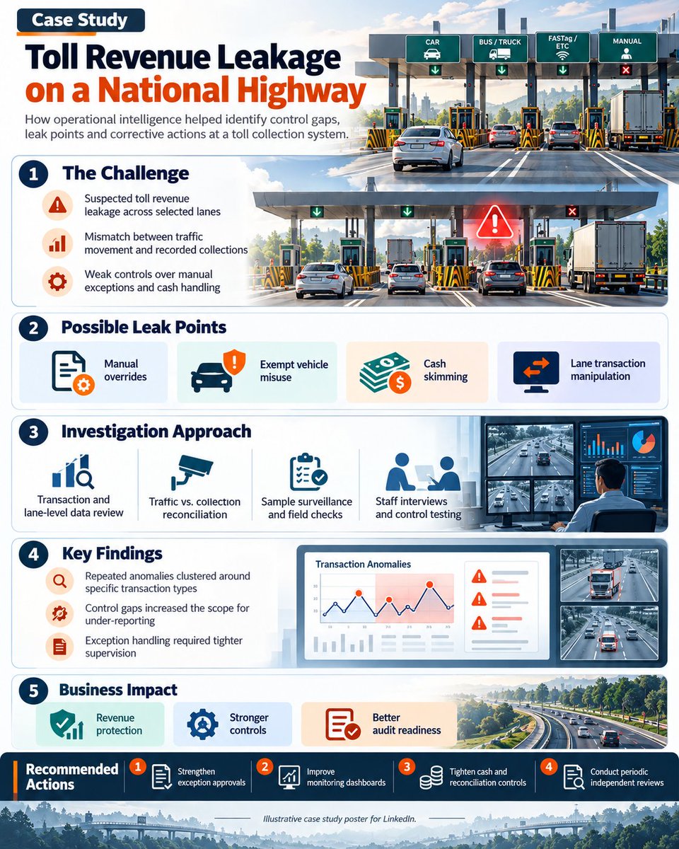 intgroupglobal's tweet photo. One toll plaza was clean. Two weren't. The difference wasn't integrity.

Off-receipt cash leakage never reaches the dashboard. Pay, supervision and proper investigation are anti-fraud controls.

#Investigations #FraudRisk #Infrastructure #Intelaw https://t.co/xL8StRIO8L