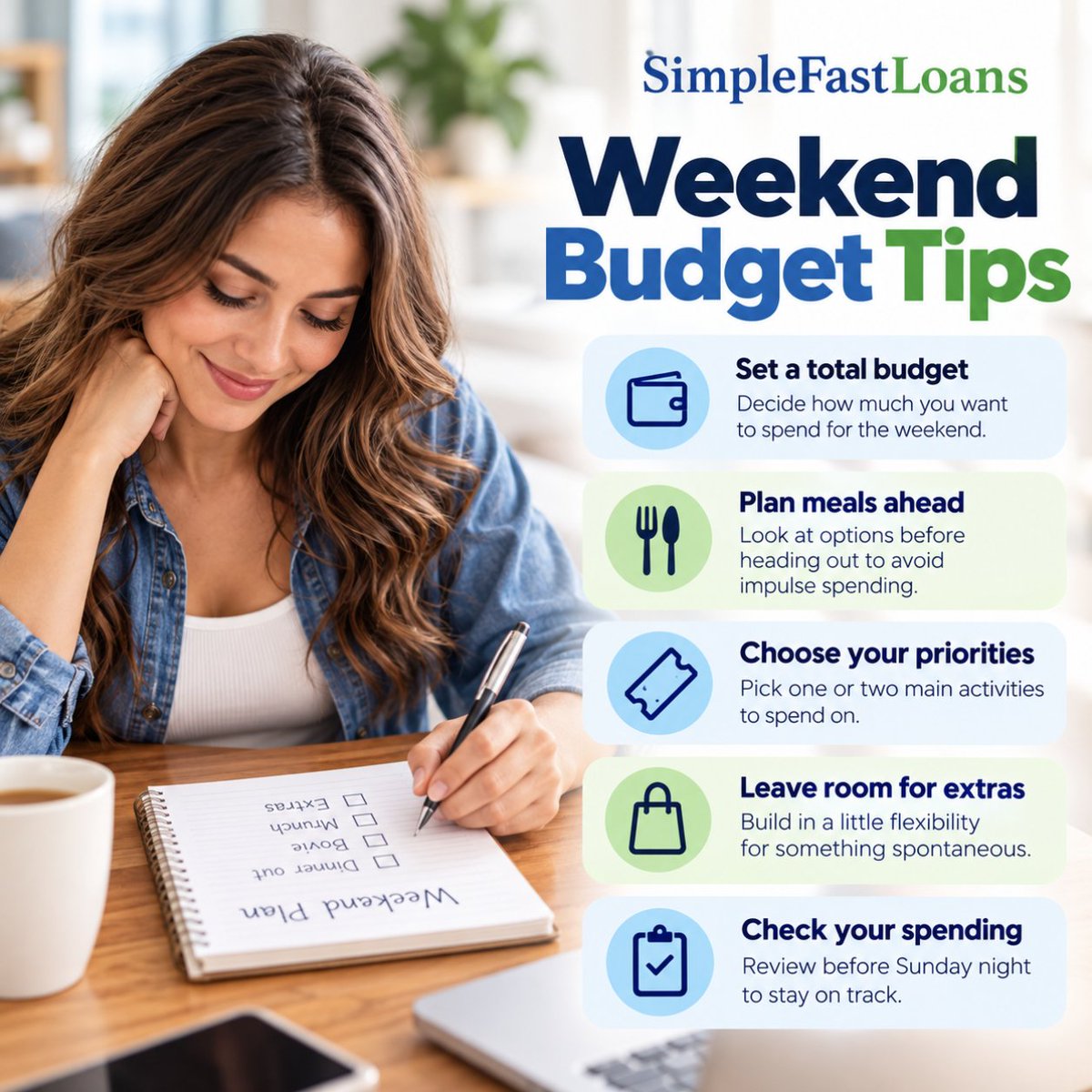 SimpleFastLoans's tweet photo. Weekend spending can add up quickly.

Set a budget before Friday, pick your top priorities, and leave a little room for something spontaneous.

A simple plan can help you enjoy the weekend without regretting it on Monday.
#BudgetTips #PersonalFinance #MoneyTips https://t.co/NEb9YUANFC