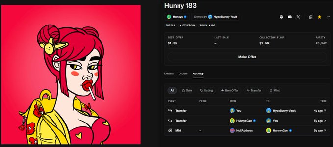 An NFT marketplace page for 'Hunny 183' featuring a cartoon-style red-haired woman with a bunny hair clip and a strawberry lollipop, with a best offer of $1.35 and recent transfer activity.