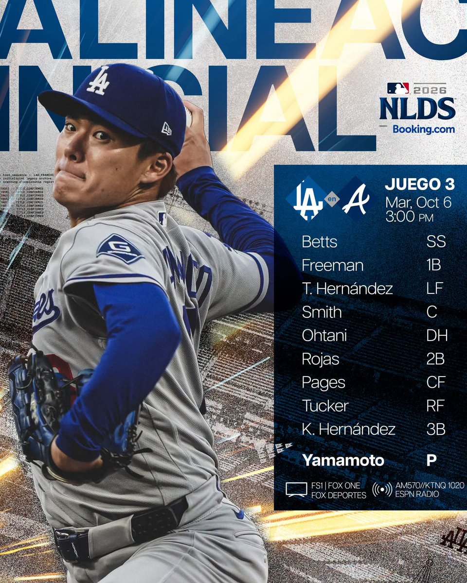luisfenomenal's tweet photo. @LosDodgers llegan a Atlanta para el Juego 3.

Yamamoto, nuestro mejor abridor, a la lomita.
La situación de Ohtani, lo llevo al quinto bat.

#Postseason https://t.co/fSginCLpbU