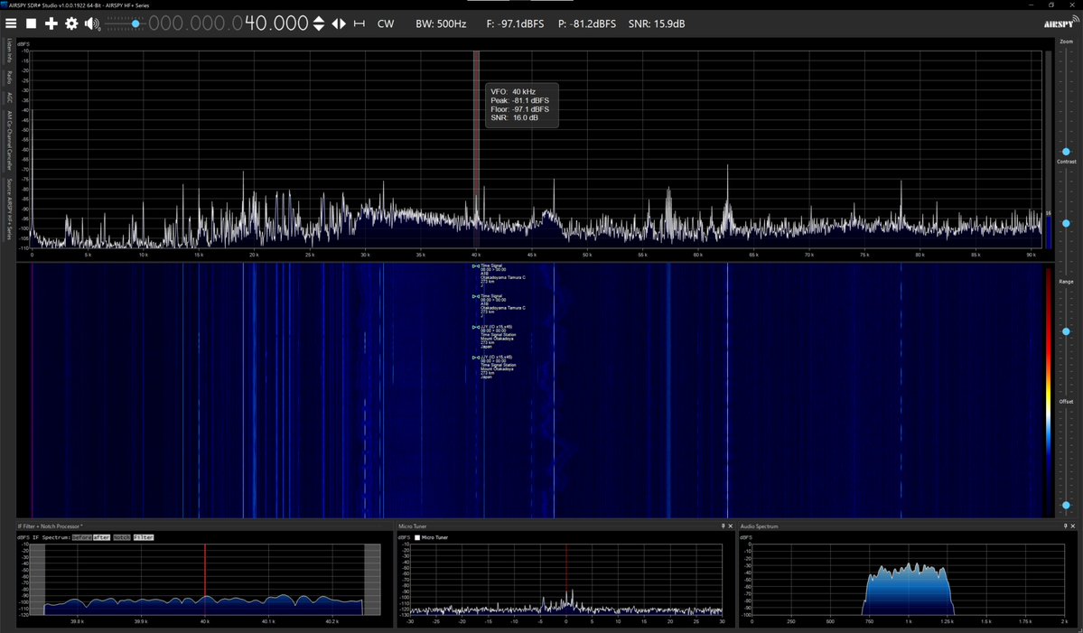 radiosiesta's tweet photo. 今しがたのVLF
21.1、40、60kHzは入感中
22.2、25、54kHzは不感です

おはようございます
#VLF
#Airspy
#SDRSharp
#YouLoop
#YouTwist
#YouTwin https://t.co/Qb290kHa1c