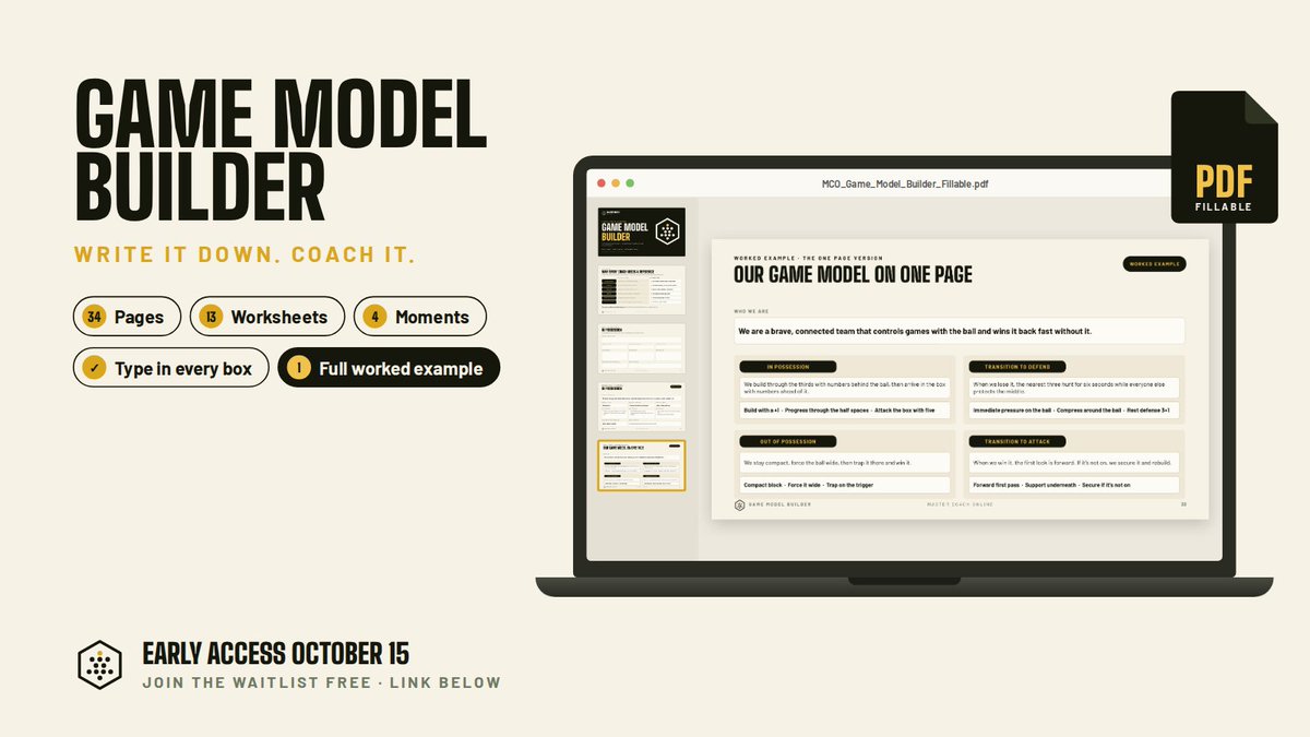 RickMasterCoach's tweet photo. Your game model shouldn't live in your head.

Game Model Builder: a 34-page fillable PDF that takes you from philosophy to principles to player roles, with a full worked example.

Waitlist gets early access Oct 15 👇

https://t.co/VySXts9tHU https://t.co/mIRh3HbqSz