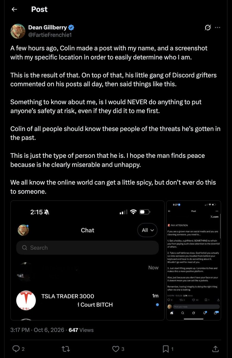 DudeOnR0ck's tweet photo. @colin_gladman @FartieFrenchie_ Please say a prayer for @FartieFrenchie1 He's using alt accounts and sending messages to himself to make Colin look bad. I sense that something is deeply wrong with him now, he's completely lost it. Totally out of character. https://t.co/psbUANbMyR