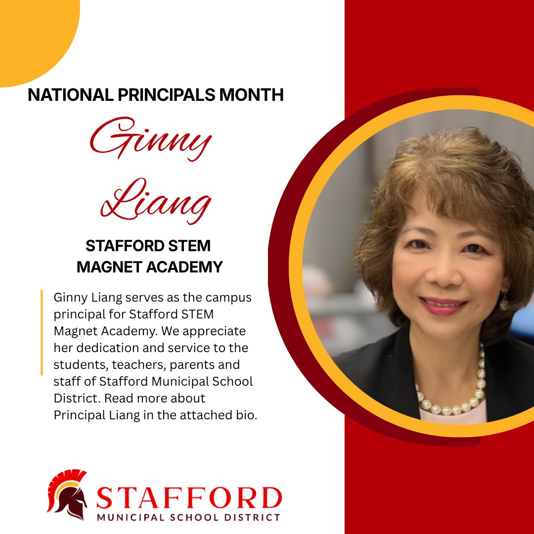 StaffordMSD's tweet photo. Join us throughout October as we celebrate National Principals Month and the dedicated leaders who make a difference in the lives of our students, staff and families. ❤️💛

Today, we’re proud to spotlight Mrs. Ginny Liang, Principal of Stafford MSD STEM Magnet Academy.

Principal Liang holds a bachelor’s degree in Business Administration and a master’s degree in Curriculum and Instruction with a Reading Specialist certification. With over 20 years of experience in public education, including roles as a teacher, instructional coach, dyslexia specialist, magnet coordinator, and assistant principal, she has served as the Principal of Stafford STEM Magnet Academy since its opening in August 2021. SSMA has earned an A-rating from the TEA each year since its first year of operation and was recognized by Children at Risk as the second-ranked school in the Houston area and fourth in the state of Texas. As the 2025 Region IV Principal of the Year representing SMSD, Principal Liang remains dedicated to academic excellence, student leadership, and creating a diverse, inclusive, and positive learning environment for all students and staff. 

We’re proud to celebrate Mrs. Liang and the dedication she brings to Stafford MSD STEM Magnet Academy and our Stafford MSD community every day! ❤️💛

#NationalPrincipalsMonth #StaffordStrong #ThankAPrincipal #StaffordMSD