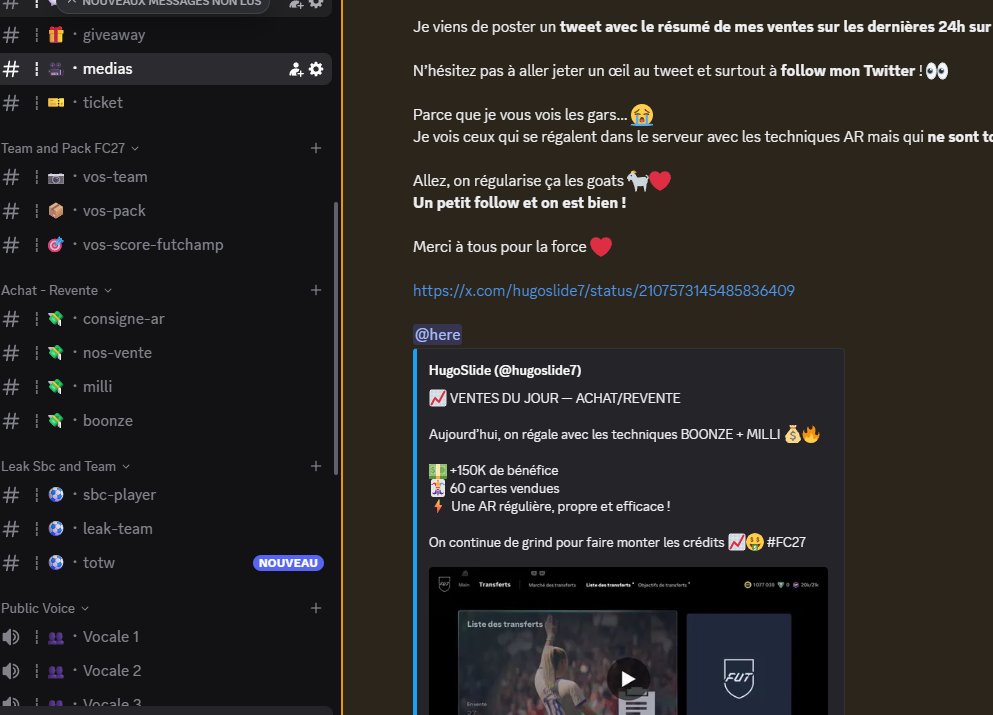 hugoslide7's tweet photo. 🚨 SERVEUR COMMUNAUTAIRE FC 27 — ON APPROCHE DES 100 MEMBRES ! 🐐

Tu cherches un serveur FC 27 / Ultimate Team principalement axé sur l’achat-revente ? 👀

💰 Techniques AR + investissements
📈 Conseils et entraide tous les jours
🎙️ Vocaux quotidiens pour AR ensemble
🤝 Une communauté basée sur la bienveillance et la bonne entente
🔥 Et surtout, on partage les techniques pour faire monter les crédits !
Je viens justement de sortir ma liste officielle BOONZE 📋
➡️ Joueurs entre 20K et 100K
➡️ Technique accessible à partir de 500K de budget 💰
On est bientôt 100 membres dans le serveur, alors si tu veux rejoindre l’aventure et grind avec nous, c’est maintenant ! 🐐💜
RT + FOLLOW pour faire tourner le serveur à un maximum de GOATS 🫶