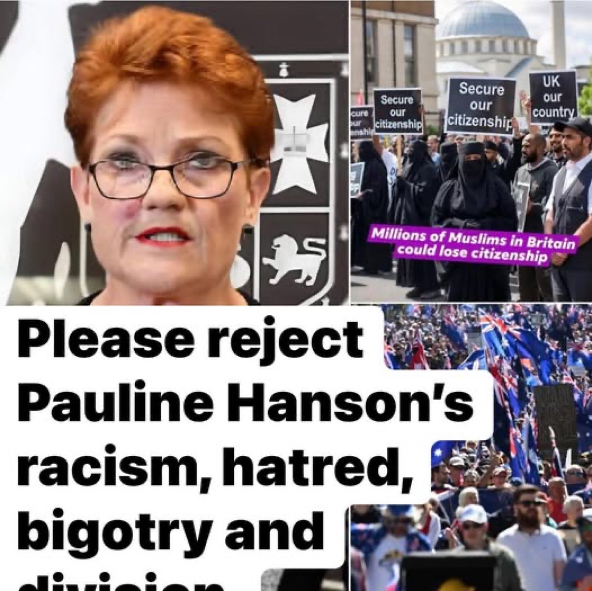 BenjaminBlca's tweet photo. racism is so sad.
A Pauline Hanson quote
“We must remove the TOXIC elements from Australia"
Pauline Hanson sent a group of raciat Australians into wild cheers when she publicly declared that
“millions of Muslim citizens in Australia could lose their citizenship if I have my way” https://t.co/oTjKwcHRGo