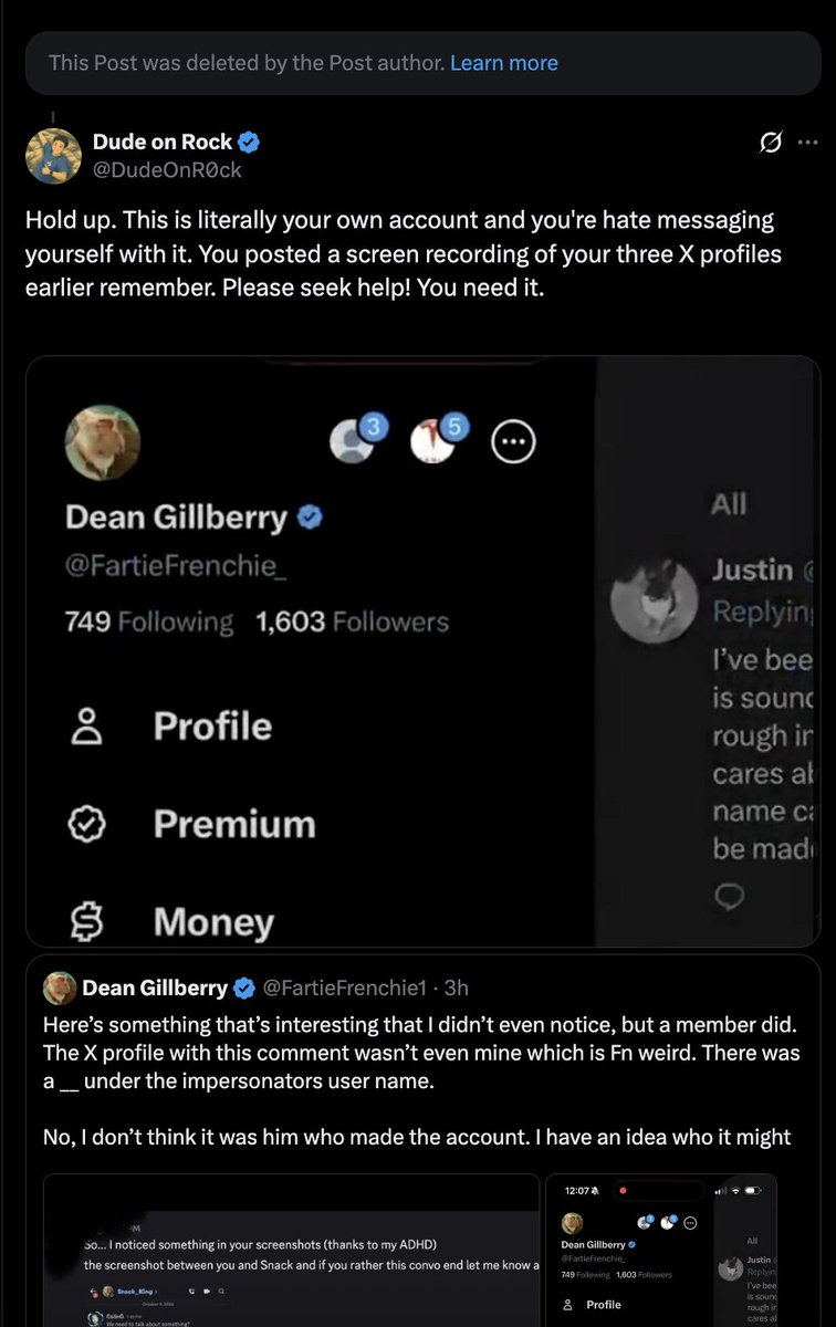 DudeOnR0ck's tweet photo. @colin_gladman @FartieFrenchie_ Please say a prayer for @FartieFrenchie1 He's using alt accounts and sending messages to himself to make Colin look bad. I sense that something is deeply wrong with him now, he's completely lost it. Totally out of character. https://t.co/psbUANbMyR