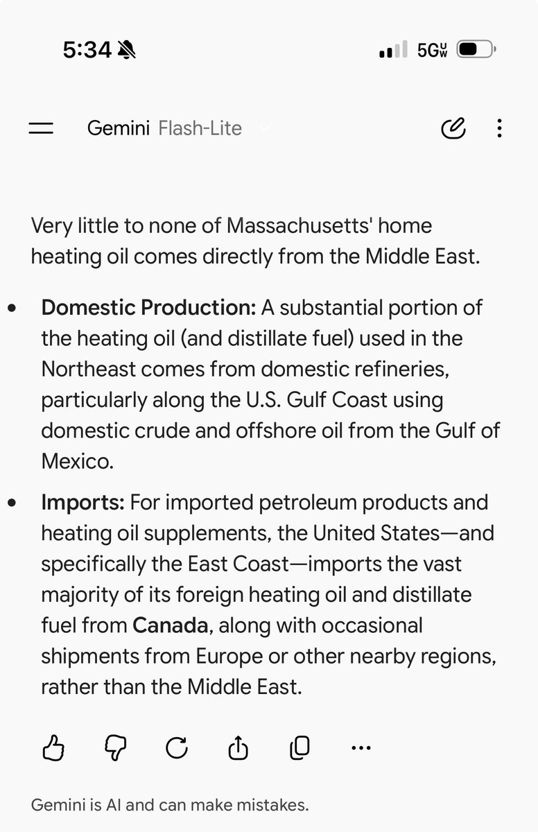 JoeBorelliNYC's tweet photo. @SenWarren “Gemini, how much of Massachusetts home heating oil comes from the Middle East?” https://t.co/n3iOxH8qXG