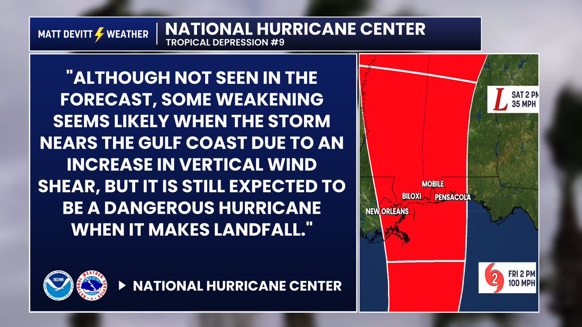 MattDevittWX's tweet photo. Future #Isaias will likely be one of the most significant storms of the 2026 Atlantic Hurricane Season with a landfall in the United States. Yet in the first forecast cone, the general public has very little indication of what intensity the storm is actually forecast to be at landfall.

I'm already seeing considerable confusion, with people assuming the storm will make landfall with 100 mph wind...and I understand why when they are looking only at the cone.

What they see is a 100 mph Category 2 hurricane at 96 hours in the Gulf, followed by a tropical depression well inland across northern Alabama and Mississippi at 120 hours. What they don't see is the forecast intensity at the coastline between those two points.

It isn't until the third paragraph of the forecast discussion that the NHC explains that the expected landfall intensity is not explicitly “seen in the forecast,” other than noting that “some weakening” is anticipated.

So what is the current expectation at landfall? A 75 mph hurricane? 85 mph? 95 mph?

That difference matters. According to NOAA, “small increases in wind strength can dramatically increase damage.” NOAA's hurricane damage potential scale indicates that a 95 mph hurricane has roughly 6.6 times the wind damage potential of a 75 mph hurricane.

I have tremendous respect for the National Hurricane Center and the work they do, but I hope this is something they consider addressing during the offseason: adding a special forecast landfall annotation when the official track crosses the coastline.

I actually raised this same issue just a few weeks ago. There are certainly potential drawbacks, including added clutter with multiple landfalls and the risk of conveying too much precision. But overall, I believe the benefits outweigh those concerns.

This isn't about criticizing the forecast. It's about improving how the forecast is communicated.

At the end of the day, the goal should be to give the public the clearest possible understanding of what is currently forecast so people can make better-informed decisions. If a hurricane is forecast to make landfall between two forecast points, I believe the expected intensity at the coastline deserves to be clearly shown.