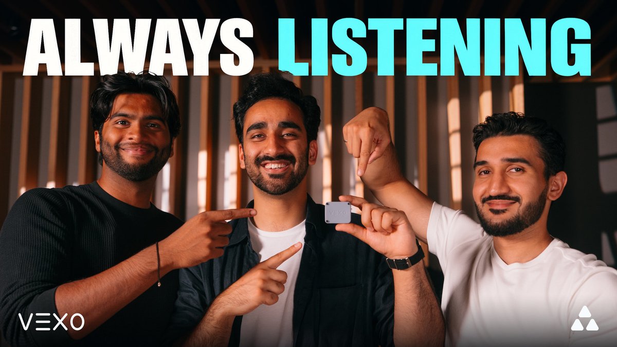 Three young men smile and point toward a small VEXO device held in the center, beneath bold "ALWAYS LISTENING" text in white and blue, highlighting VEXO's new wearable AI form factor designed for continuous ambient listening.