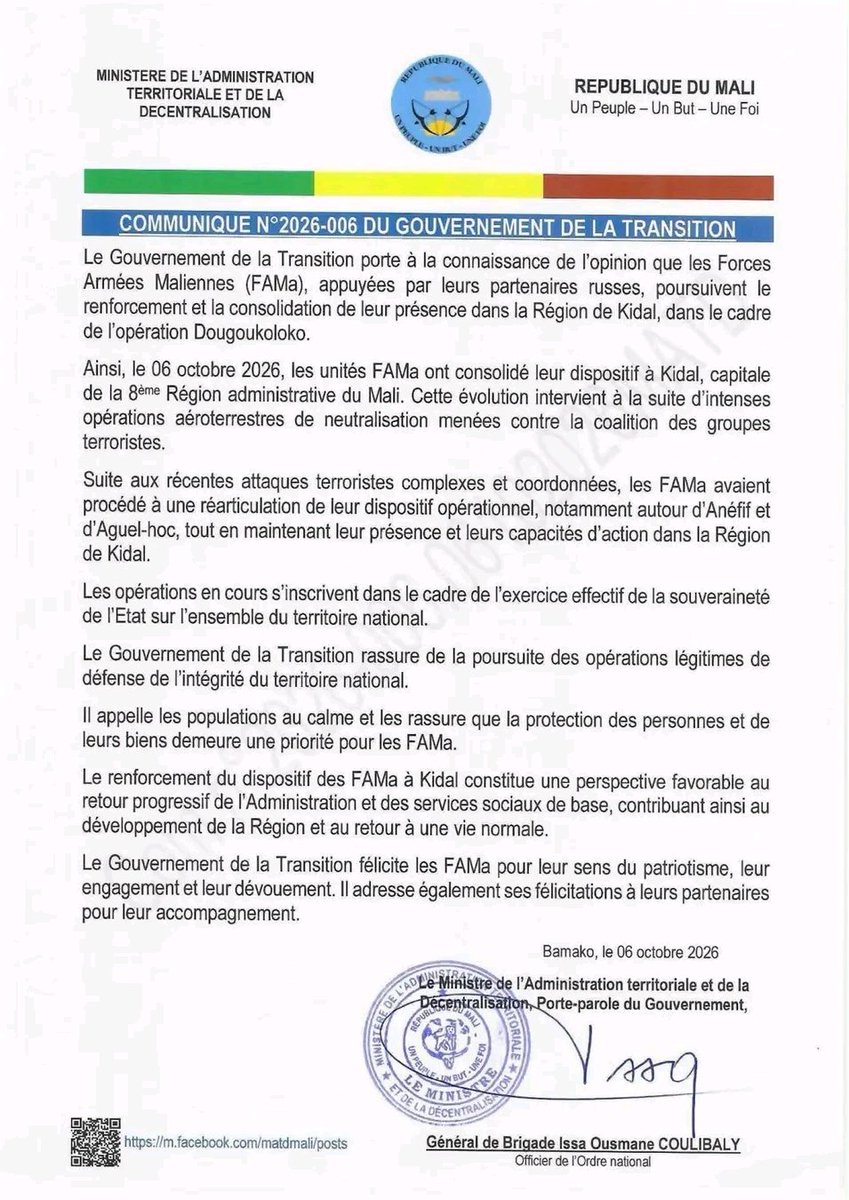 MaliMaeci's tweet photo. Communiqué N°2026-006 du Gouvernement de la Transition relatif à la poursuite du renforcement et de la consolidation de la présence des Forces Armées Maliennes, appuyées par leurs partenaires russes, dans la Région de Kidal, dans le cadre de l'opération Dougoukoloko.

Bureau de l’Information et de la Presse/MAECI