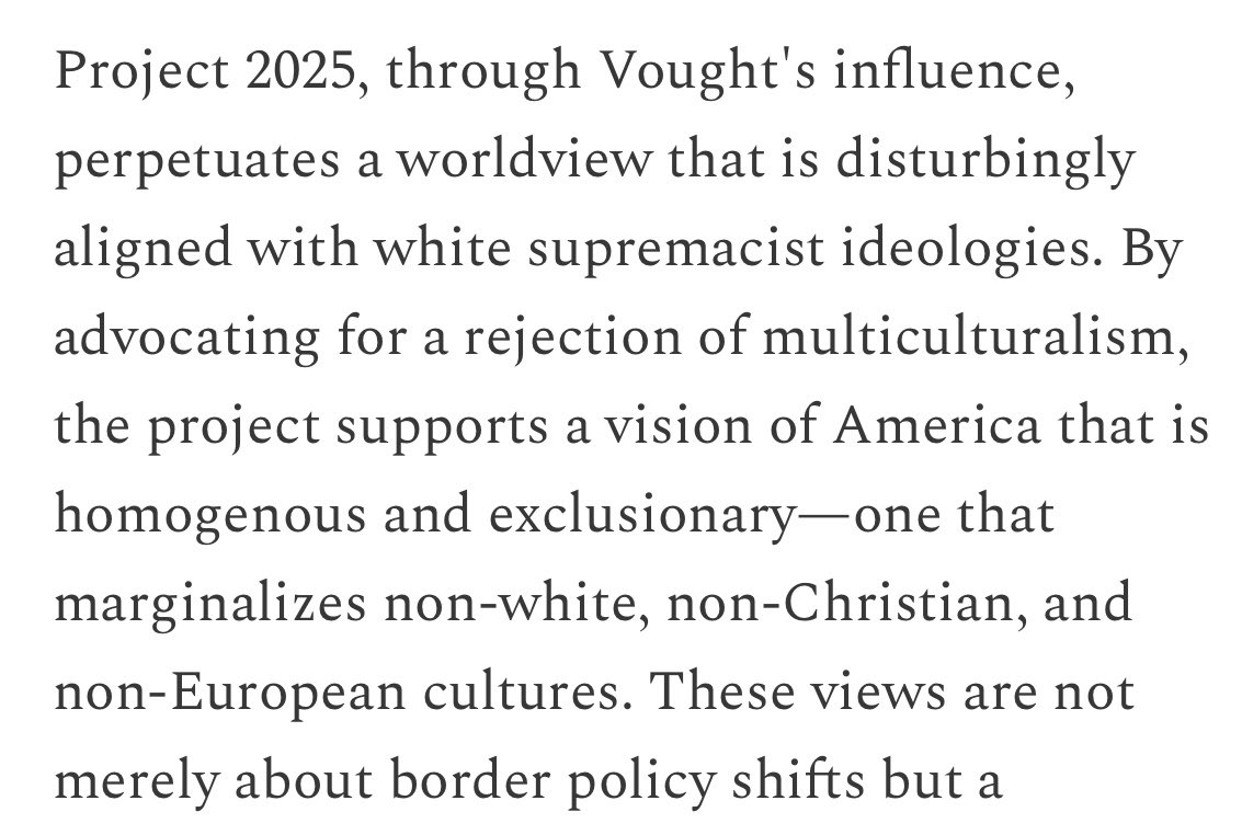 deemishell's tweet photo. Remember in his Sept 2024 presidential debate when Trump said “I have nothing to do with Project 2025”.
Russ Vought is the architect of Project 2025. He is also a white supremacist. 
Folks they don’t really make this a mystery. https://t.co/HjgKsW874T