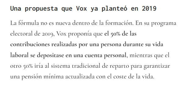 otromundoposibl's tweet photo. @recuncho34 La propuesta de PENSIONES de Vox con un ejemplo: Si te corresponde una pensión de 1.200 euros, cobrarías del estado 600 euros y el resto lo pones tu con una pensión privada. ( Ósea, que te la reducen a la mitad.)
https://t.co/TYA3bcSMD5 https://t.co/mv6LGq77V2