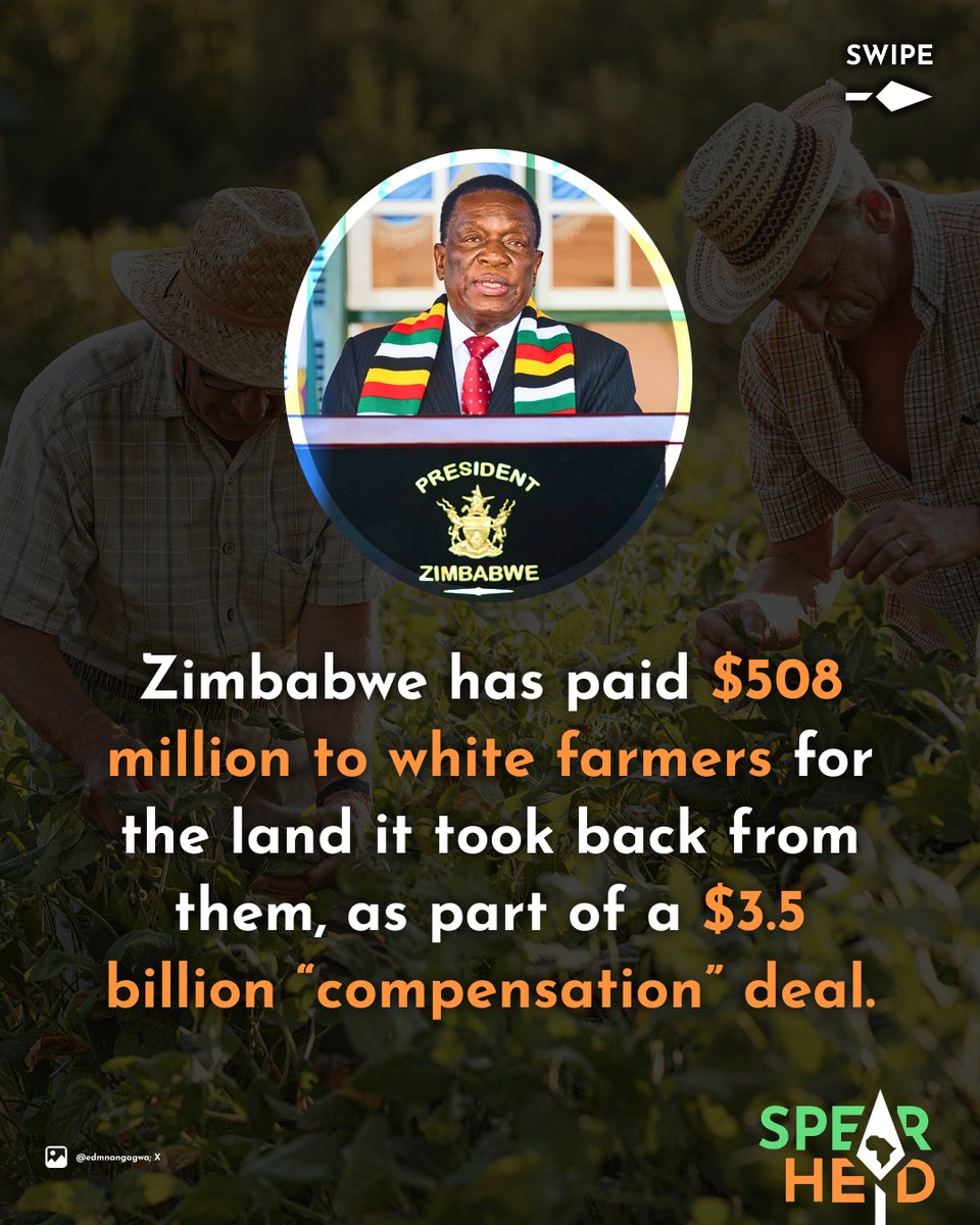 Spearhead_Af's tweet photo. Zimbabwe Has Paid $508 Million To White Farmers For The Land It Took Back From Them

In 2000, Robert Mugabe, founding father, liberation leader and then President of Zimbabwe, implemented a historic land reform. This reform, called the Land Acquisition Act, aimed to address the injustices of Zimbabwe’s colonial era by returning the country’s arable land back to its rightful owners.

Today, Zimbabwe’s current leadership is moving to pay over $3 billion to the white descendants of its former oppressors, as “compensation” for the loss of “their” land.

Years of crippling Western sanctions and a weak-willed government have led Zimbabwe to its current humiliation.

Meanwhile, the West continues to shut down any and all discussion of paying reparations to Africa for its over 500-year reign of t*rror on the continent.