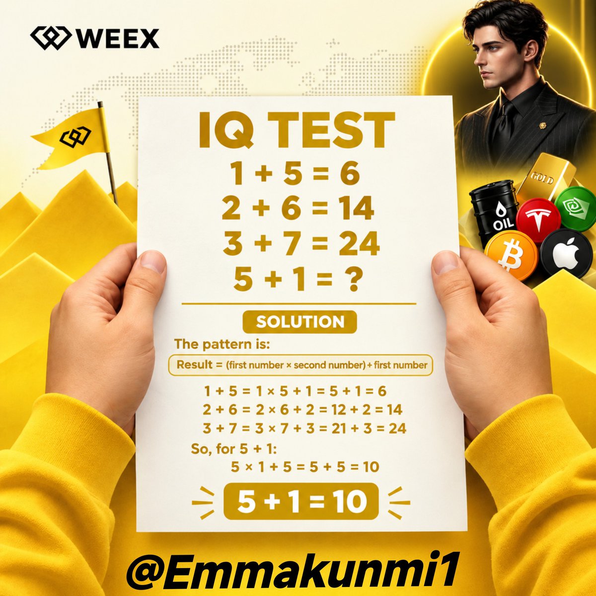 Emmakunmi1's tweet photo. @WEEX_Africa The pattern is a + b = a × (b + 1).
So:
5 + 1 = 5 × (1 + 1) = 5 × 2 = 10
✅ Answer: 10

@kinkunmiemma
@kicha_143 
@Ox_FAH 

#WEEXIQTest https://t.co/vpCWfU9e8b