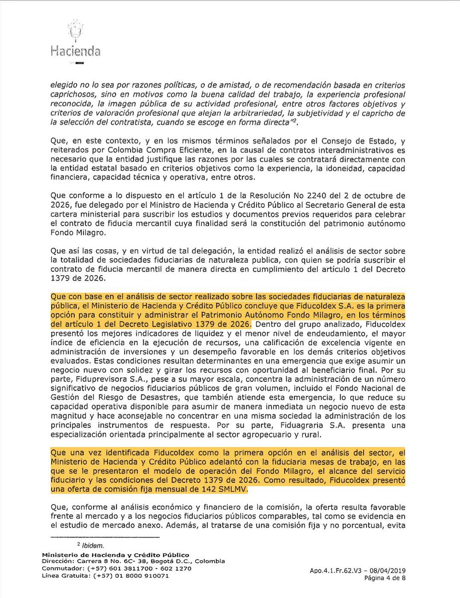 CathyJuvinao's tweet photo. 🚨 #PRIMICIA

Por fin se firmó el contrato del FONDO MILAGRO y esto es lo que encontramos: @FiducoldexCol fue escogida con UNA SOLA OFERTA y pactó una comisión de cerca de USD 1M al año. Cinco de siete votos del Consejo Directivo son de Presidencia. No hay sillas para los entes territoriales ni entes de control. 

Las reglas clave para contratar TODAVÍA NO ESTÁN LISTAS. 🧵