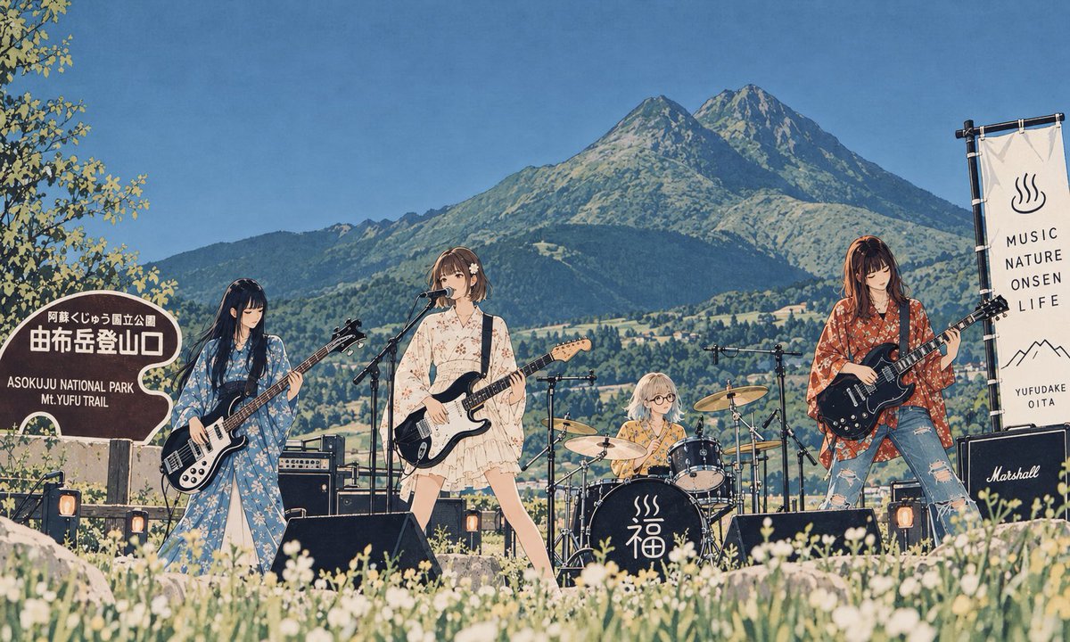 furo_orchestra's tweet photo. 大分県から来ました四人組のロックバンド風呂オーケストラと申します🎸

メンバーの名前が全員風呂子だったので、意気投合してバンドを始めてみました。みんな、温泉大好きで、温泉っぽいロックな音楽をやってます♨️

メンバーは左から
ねむ風呂子 – bass / vo / dream / blue
こび風呂子 – vo / guitar / light / pink
やば風呂子 – drums / vo / chaos / yellow
だる��呂子 – guitar / vo / anger / red
#風呂オーケストラ
