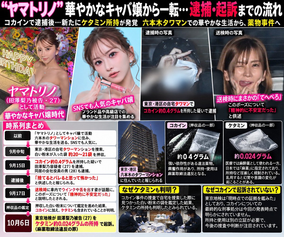 oenmanplusnews's tweet photo. 【ドンドン出てくる…】“ヤマトリノ”今度はケタミン所持で起訴

東京地検は10月6日、「ヤマトリノ」の名前で活動する田澤梨乃被告（27）を、ケタミン約0.024gを所持したとして麻薬取締法違反の罪で起訴した。

田澤被告は9月、コカイン約0.4gを所持した疑いで逮捕されていた。

東京地検は「現時点での証拠を鑑みた」と説明。コカインについての最終的な処分は、今回の発表では明らかにされていない。

コカイン所持、使用で逮捕の次はケタミン…… 次から次に余罪が出てくるな……
ヤマトリノ見事なまでの凋落

コカインで逮捕されたのに、なぜ起訴はケタミン？