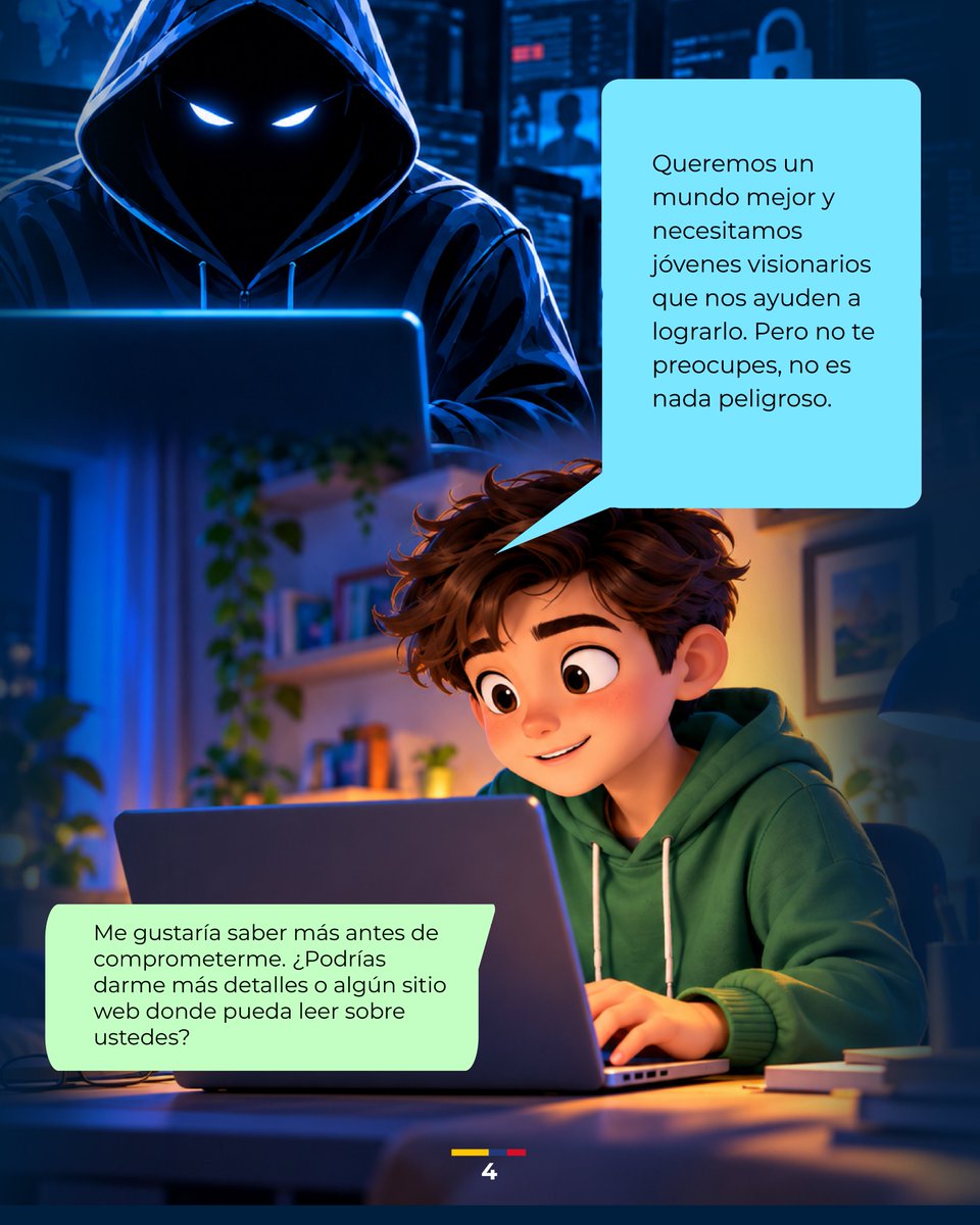 Ministerio_TIC's tweet photo. 🚨 ¡ALERTA! Una pantalla también puede esconder un peligro para nuestros niños.

Una invitación a un grupo, un mensaje privado o una promesa de dinero fácil puede ser el inicio.

🔴 Si piden secreto, presionan o exigen actuar rápido: alerta.

Habla con ellos. Escúchalos. Acompáñalos.

🚫 #NoLeAbrasLaPuerta al reclutamiento de menores.