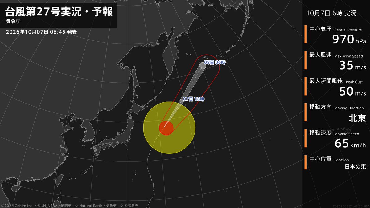 UN_NERV's tweet photo. 【台風第27号実況・予報 2026年10月07日 06:41】
大型で強い台風第27号（チョーイワン）は、日本の東を1時間に65キロの速さで北東に進んでいます。 https://t.co/eywlo01NYD