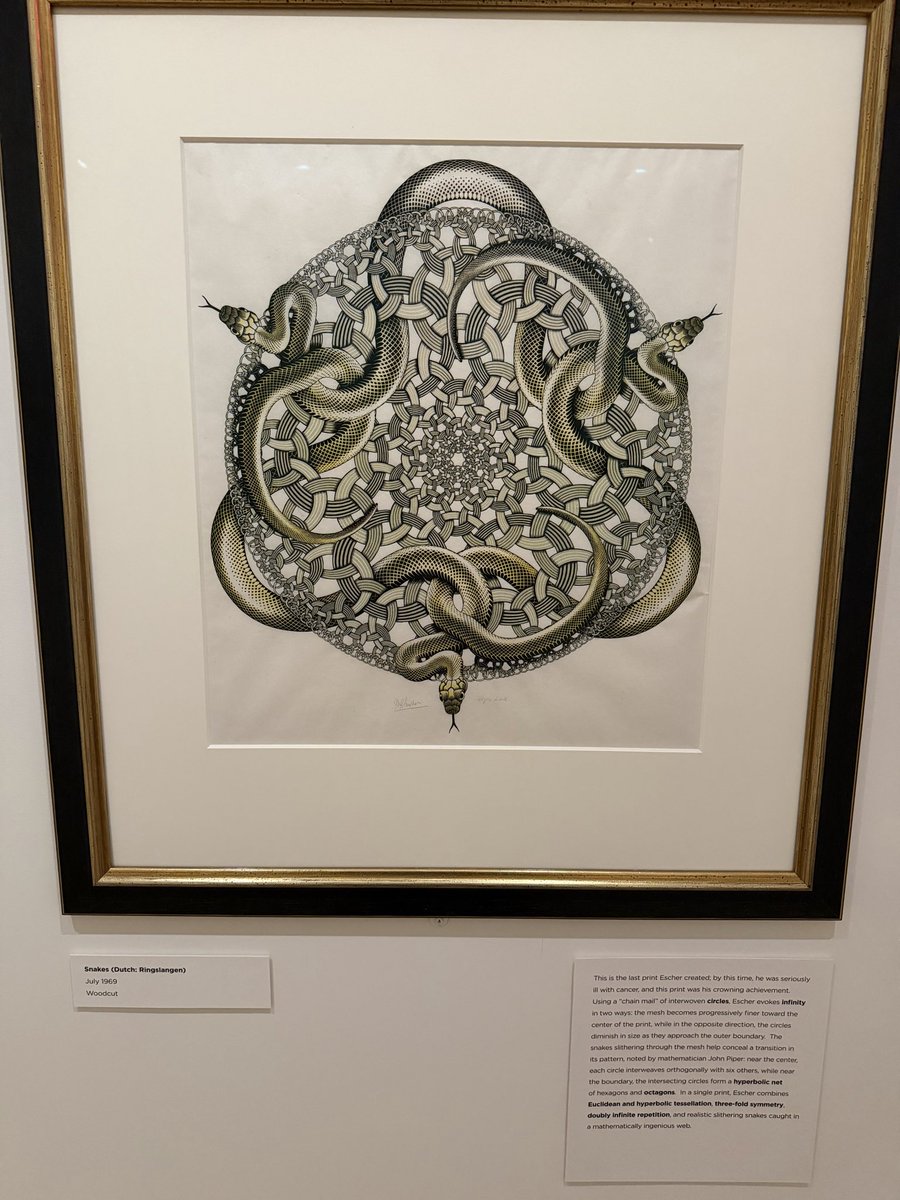 AlexKontorovich's tweet photo. And this was Escher’s very last piece, when he was already sick with cancer, 1969. 

These will be on display at @MoMath1 through January, don’t miss them!! https://t.co/tAJwjZHjbs