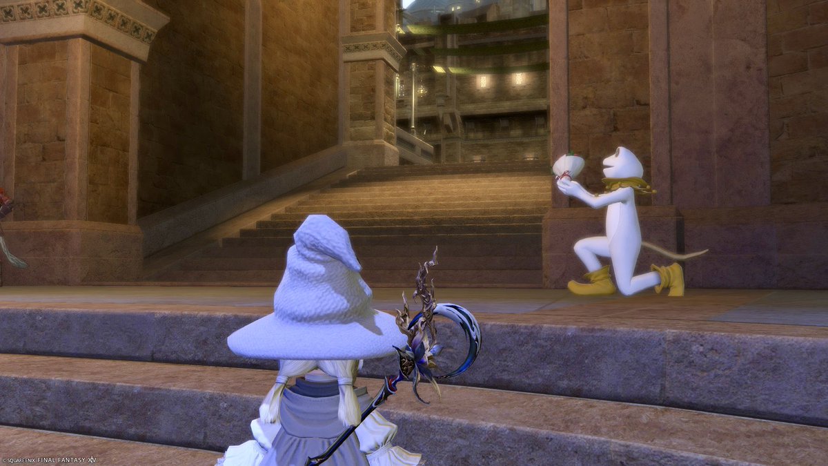 Lil_FF14_'s tweet photo. おはようございます🔆
これはグングニルに遊びに行くと
いつも花束を捧げて離席してる、
グングニル名物の謎の白カエルさん
動いてるとこ見た事ない https://t.co/4OEU9c3aib