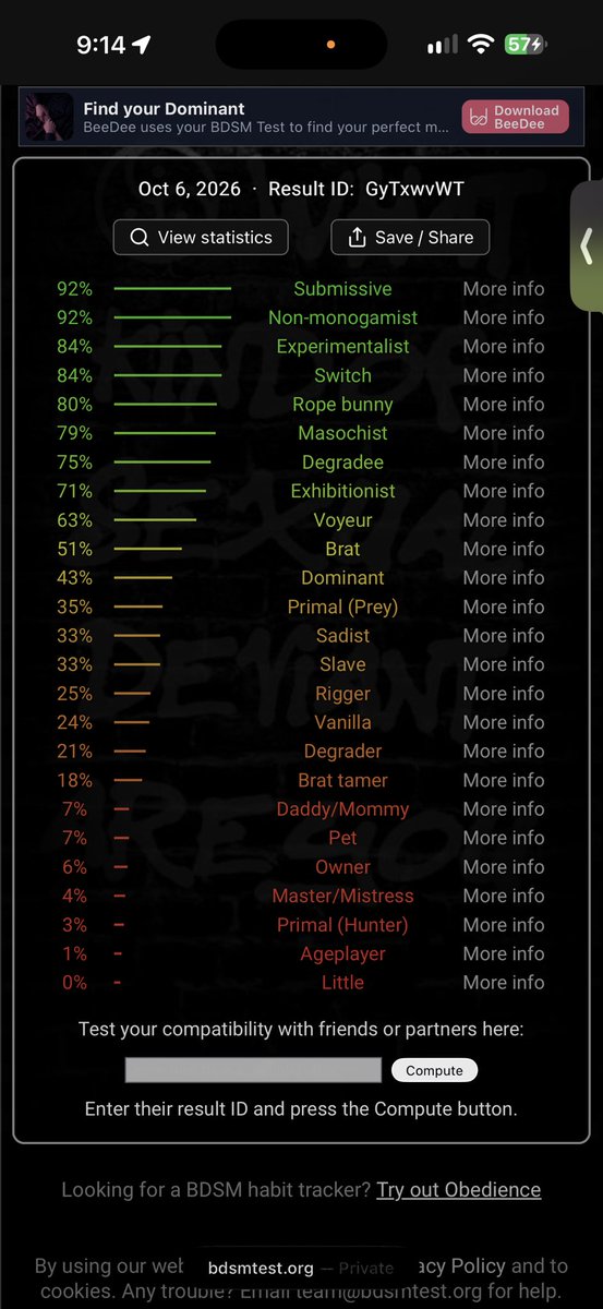 slxtforsmxt's tweet photo. So me and a friend took the bdsm test together and here are my new results hehe 😜 https://t.co/58Lv1S8zyf