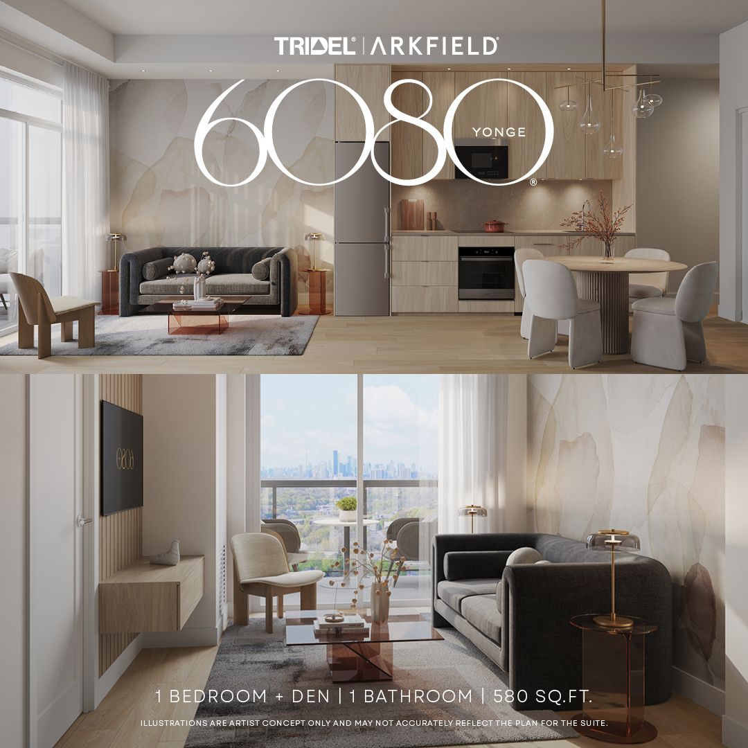 tridel's tweet photo. A view from above. This south-facing 580 sq. ft. 1-bedroom + den residence offers a thoughtfully designed layout with the flexibility to work, unwind, and make the space your own. 

With an elevated North York view and a connected Yonge Street address, you’re close to transit, dining, shopping, parks, and everything that makes the neighbourhood easy to call home. 
 
Starting from $535,000* 
Take advantage of limited-time savings as part of the HST rebate. 
 
1 Bedroom + Den | 1 Bathroom | 580 Sq. Ft. | Floors 13-PH
 
 The Right Time. Right on Yonge. 
Explore Suite 1K+D and discover 6080 Yonge. 
 
*Conditions apply. Learn more at https://t.co/azkFJDWBP5 or speak with a Sales Representative for details.