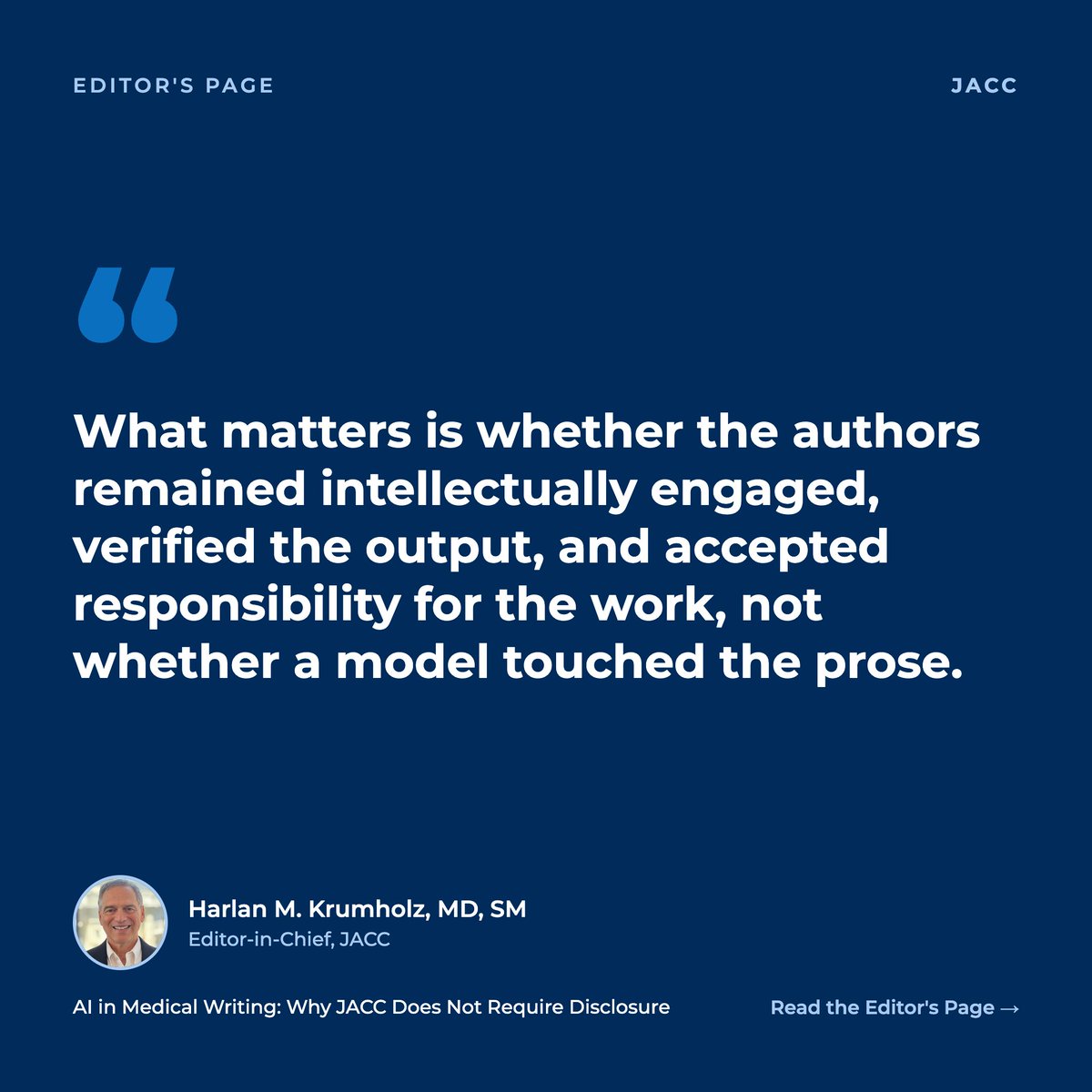 hmkyale's tweet photo. We don't ask whether a model touched their prose. We ask authors to own every word.

@JACCJournals parted w/ICMJE &amp; doesn't require disclosure of AI writing help: the rule is unenforceable, biased, &amp; not good for medical communication.

My Editor's Page: https://t.co/veMMajWOzJ https://t.co/1fSLIJVhEH