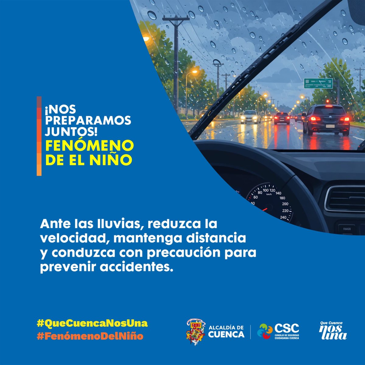CSC_CUENCA's tweet photo. #LaPrevenciónNosUne | En varios sectores de Cuenca se registran lluvias.

Si vas a conducir, reduce la velocidad, aumenta la distancia entre vehículos y mantén las luces encendidas. 🌧️🚗

Recuerda que la calzada mojada puede reducir la seguridad al conducir y la visibilidad. Maneja con precaución y evita maniobras bruscas para prevenir accidentes.

#QueCuencaNosUna ❤️💛