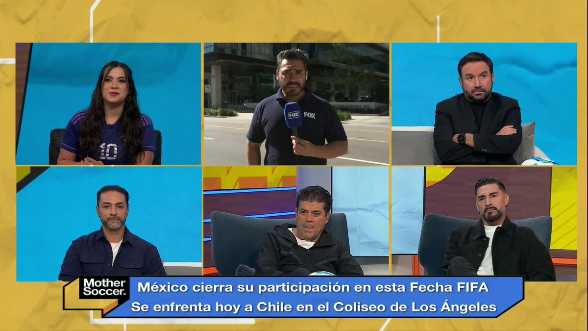 A Fox Sports "Mother Soccer" panel discussion features six commentators, with on-screen text reading "México cierra su participación en esta Fecha FIFA / Se enfrenta hoy a Chile en el Coliseo de Los Ángeles," previewing Mexico's upcoming match against Chile in Los Angeles. The post's reference to the "best XI" from Rafa Márquez ties into the panel's analysis of Mexico's lineup for this FIFA match date.