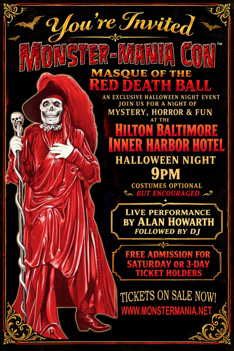 MonsterManiaCon's tweet photo. Do you dare attend the Masque of the Red Death Ball on Halloween night at Monster-Mania Con?
Tix: https://t.co/dGlUMChYWT
#Halloween #Baltimore #baltimoreevents #cosplay #horror #EdgarAllanPoe #Halloween2026 #HalloweenParty #monstermania #monstermaniacon https://t.co/paHnM5h9cX