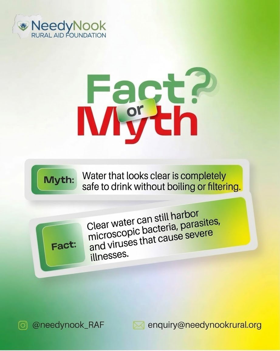 needynook_RAF's tweet photo. ❌ MYTH: Water that looks clear is completely safe to drink without boiling or filtering.
✅ FACT: Clear water can still harbor microscopic bacteria, parasites, and viruses that cause severe illnesses.
#WaterSafety #MythBusting #HealthEducation #NeedynookCares #PublicHealthNG https://t.co/B74F3pjGZI