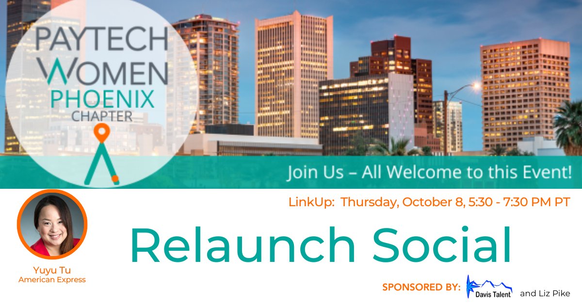 PayTechWomen's tweet photo. The PTW Phoenix Chapter is #relaunching! Come out to meet the new Chapter #leadership, make new #connections, hear about upcoming plans.

Sponsored by Liz Pike and Davis Talent

📅 Oct. 8
🕒 5:30 PM PT / AZ Time
RSVP here ➡️: https://t.co/fBgDHhAQSZ

#PTWChapters https://t.co/5eGEkvCXpn