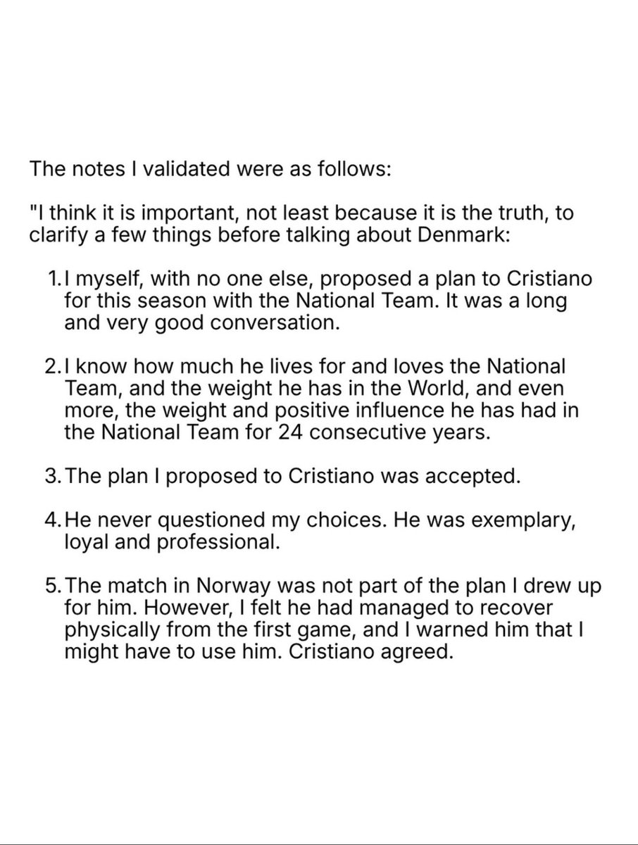 tobyasky's tweet photo. In all of what Cristiano said tonight, this part is strange to me.

They gave the coach 8 bullet points to read in his presser. 8 bullet points😭😭😭

Take note of how it starts, “The notes I validated were as follows”.

I’m dying man, he validated it before they sent to the coach😭

The coach on the other hand is a funny guy, he didn’t follow the full script, not an actor I suppose.