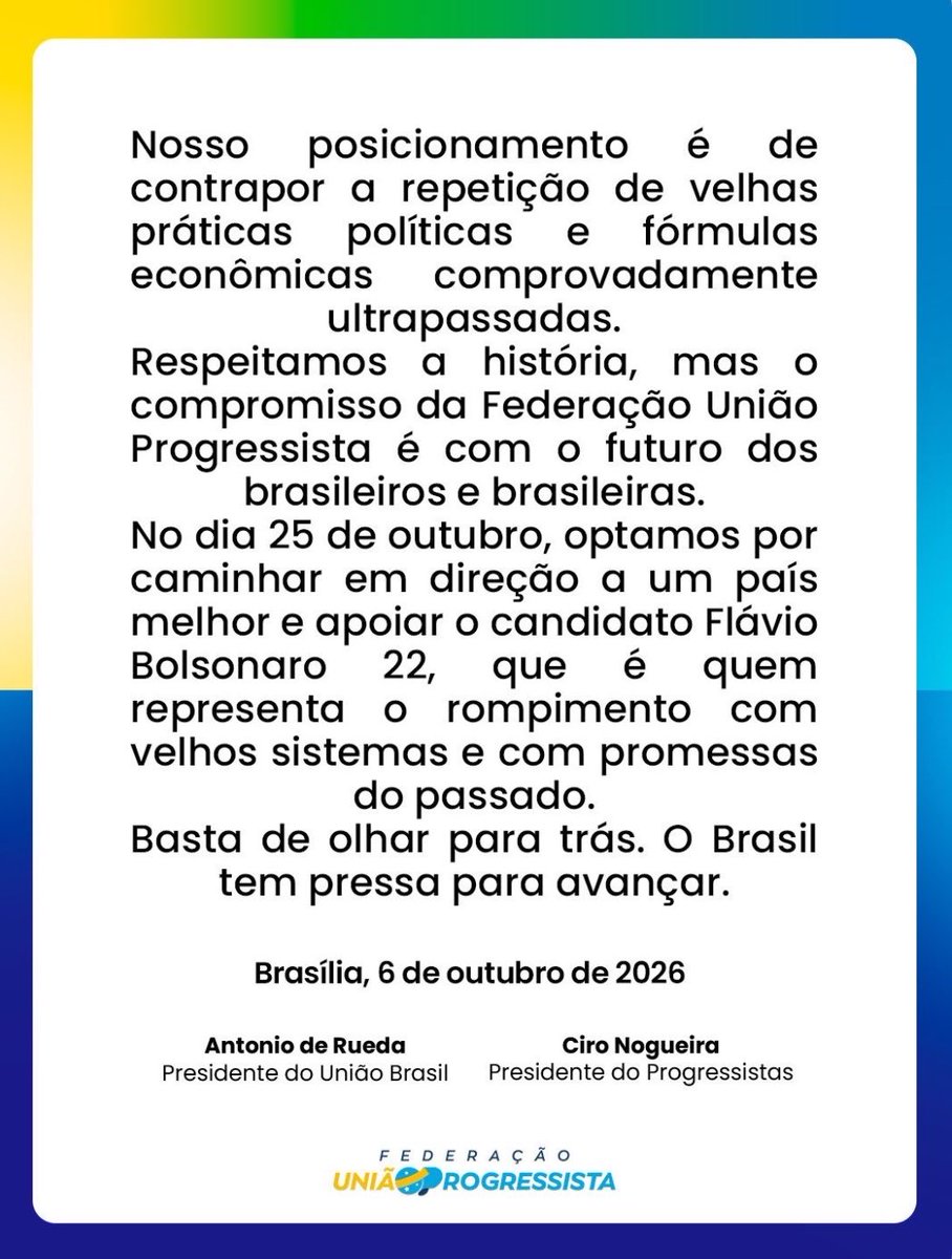 CentralDireitaB's tweet photo. 🇧🇷 URGENTE: Federação União Progressista anuncia que fechou questão de forma unânime para apoiar Flávio Bolsonaro no 2° turno. https://t.co/uZJzr6vLCm