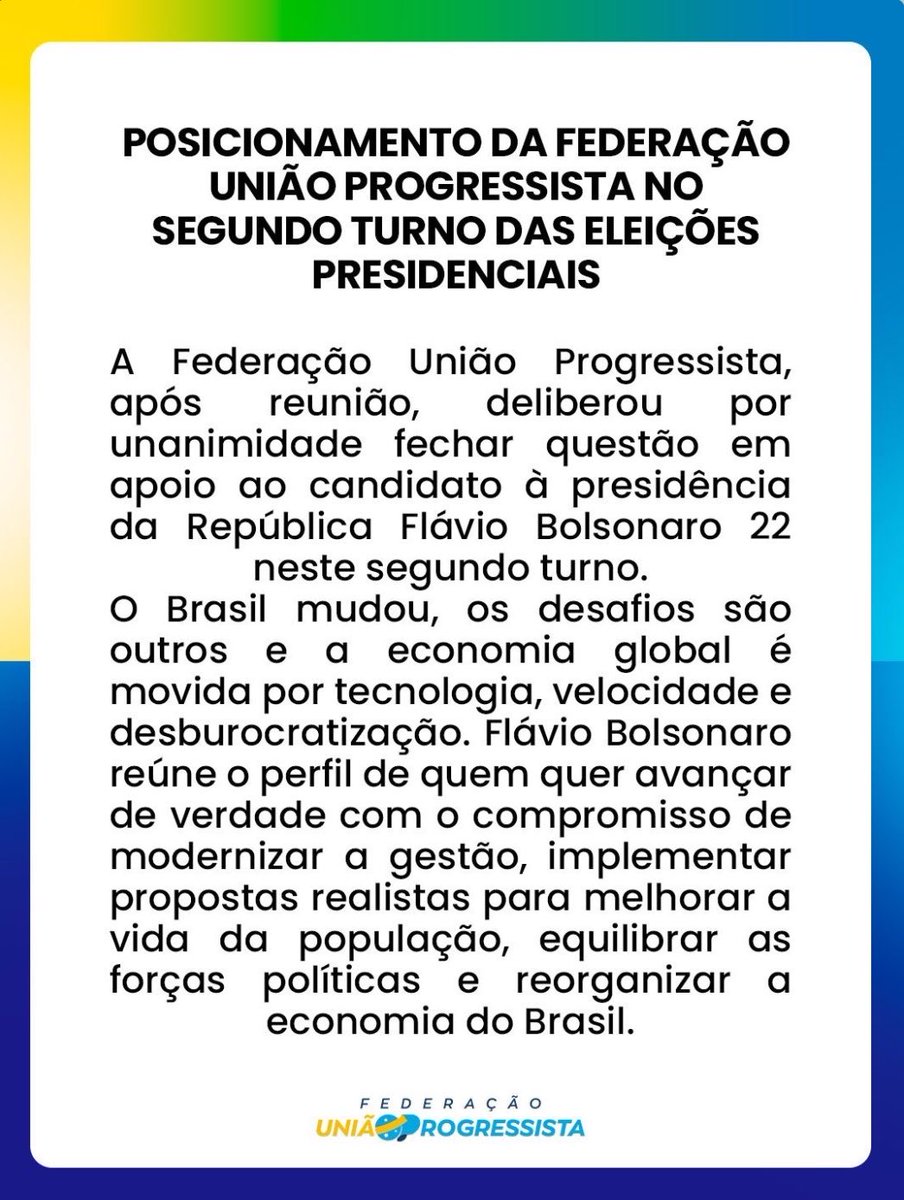 CentralDireitaB's tweet photo. 🇧🇷 URGENTE: Federação União Progressista anuncia que fechou questão de forma unânime para apoiar Flávio Bolsonaro no 2° turno. https://t.co/uZJzr6vLCm