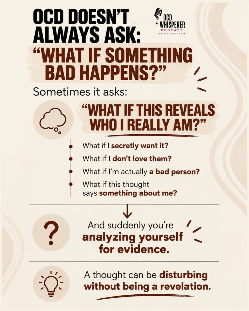 korresults's tweet photo. OCD doesn't always ask, "What if something bad happens?"
Sometimes the obsession is much more personal:
"What if this thought ...
#OCD #OCDRecovery #IntrusiveThoughts #PureO #OCDThoughts #Anxiety #MentalHealth #OCDAwareness #ERP #OCDSupport #MentalHealthAwareness #ocdwhisperer https://t.co/JqHYH1HnVI