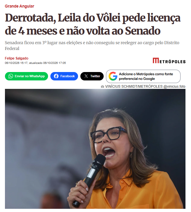Conservadora191's tweet photo. Derrotada, Leila do Vôlei pede licença de 4 meses e não volta ao Senado https://t.co/oXbUJ2QeD0