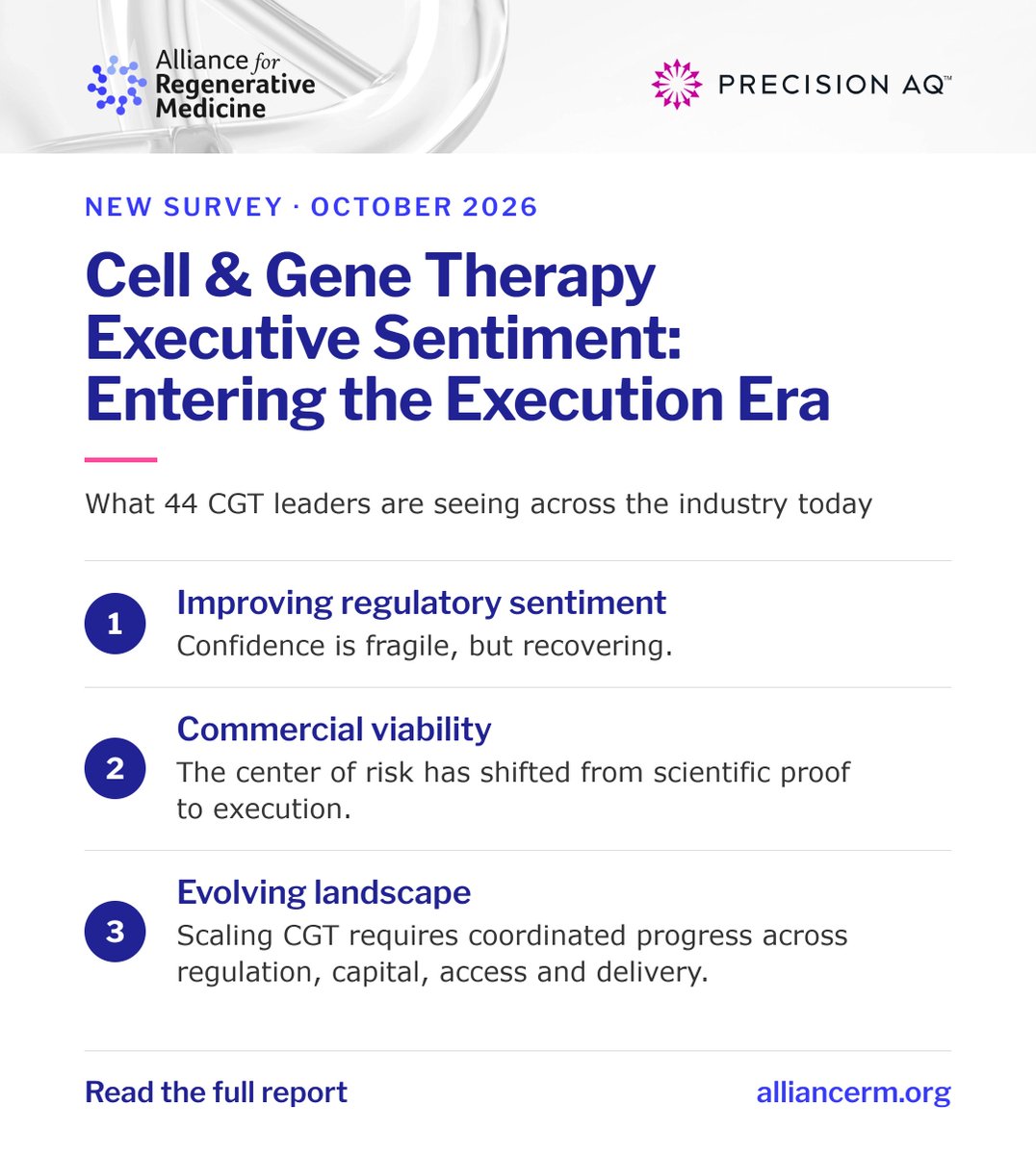 alliancerm's tweet photo. This morning at the #CGMesa26, ARM and Precision For Medicine released a new survey titled "Cell &amp; Gene Therapy Executive Sentiment: Entering the Execution Era." 

The report surveyed 44 CGT leaders in August and September. What is the current sentiment? 
1/2 https://t.co/3Ep41Jg22A