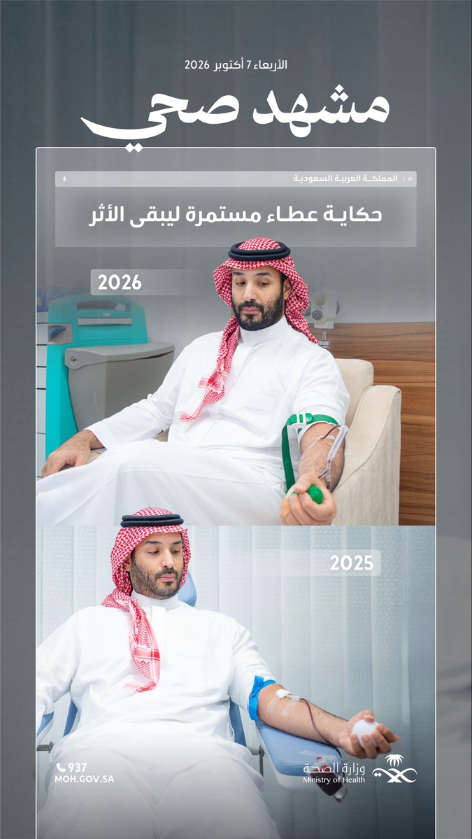 SaudiMOH's tweet photo. عطاءٌ يقوده سمو ولي العهد، وأثرٌ يمتد في حياة الإنسان، تبرع بالدم فلعطائك أثرٌ يبقى.

#حملة_ولي_العهد_للتبرع_بالدم https://t.co/DJNqUsnAHz