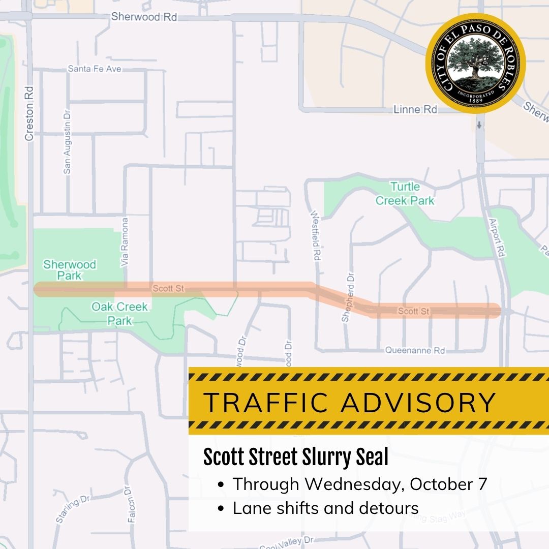 PRCity's tweet photo. 🚧 TRAFFIC ADVISORY: Scott Street Slurry Work Continues Through Oct. 7, 7 a.m. to 4 p.m.  The Paso Robles Senior Center remains accessible: Drivers should approach from Creston Road, turn onto Scott Street and continue to the Senior Center driveway.
https://t.co/gUvIOxCOFd https://t.co/0kn6xOzWjv