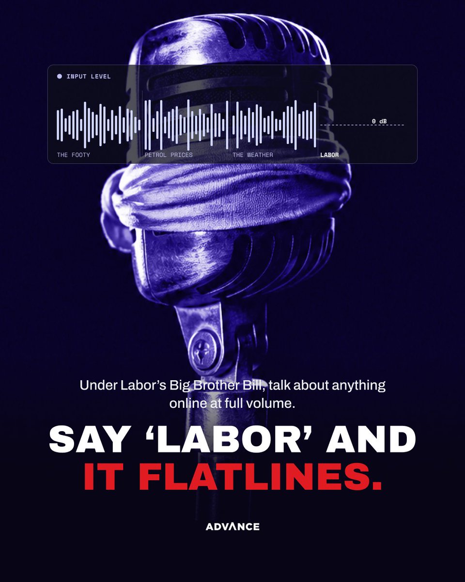 FairAusADV's tweet photo. Under Labor’s Big Brother Bill, talk about anything you like online at full volume. The footy, the petrol prices, the weather. Say ‘Labor’ and it flatlines. https://t.co/RWJWhmGpy9