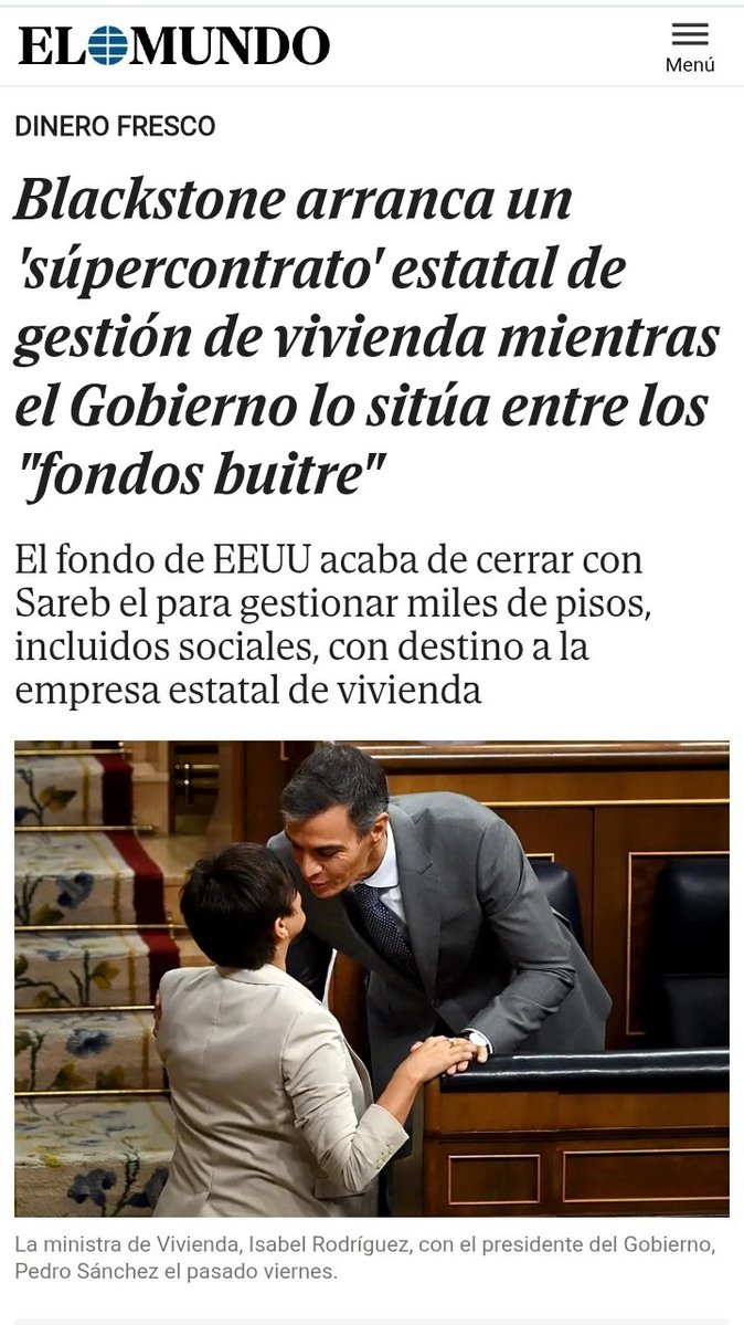 egtegain's tweet photo. HIPOCRITAS Y SINVERGÜENZAS.

Mientras Sánchez en el Congreso el día 2/10/2026 señalaba a la oposición de estar al Lado de Fondos Buitres, el día Anterior, le concedía a BLACKSTONE un contrato para gestionar viviendas -incluidas sociales- por valor de 52,45 millones€ https://t.co/P5Z3YO8V0t