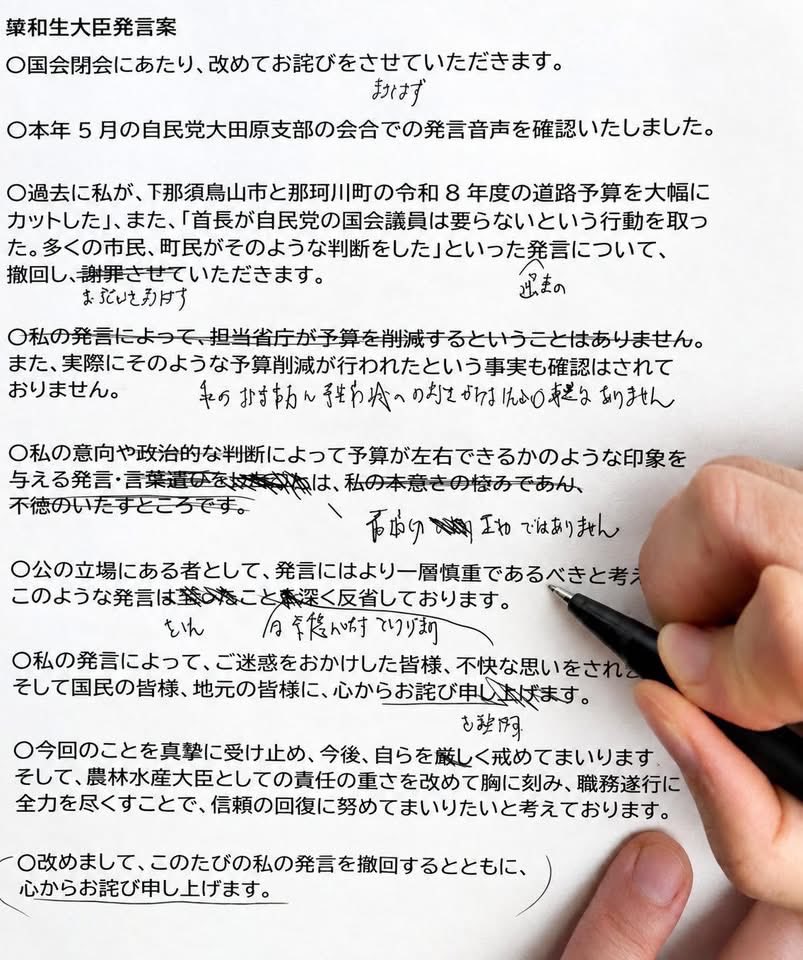 aritayoshifu's tweet photo. 【簗和生大臣発言案】に手を入れる簗和生大臣。
ポイントのひとつは4つめの◯の部分冒頭を消していることでしょう。
実際には今朝の「琉球新報」が報じたように、国交副大臣と国交省官房長に紹介していた事実だ。 https://t.co/KkRT9CiFmn