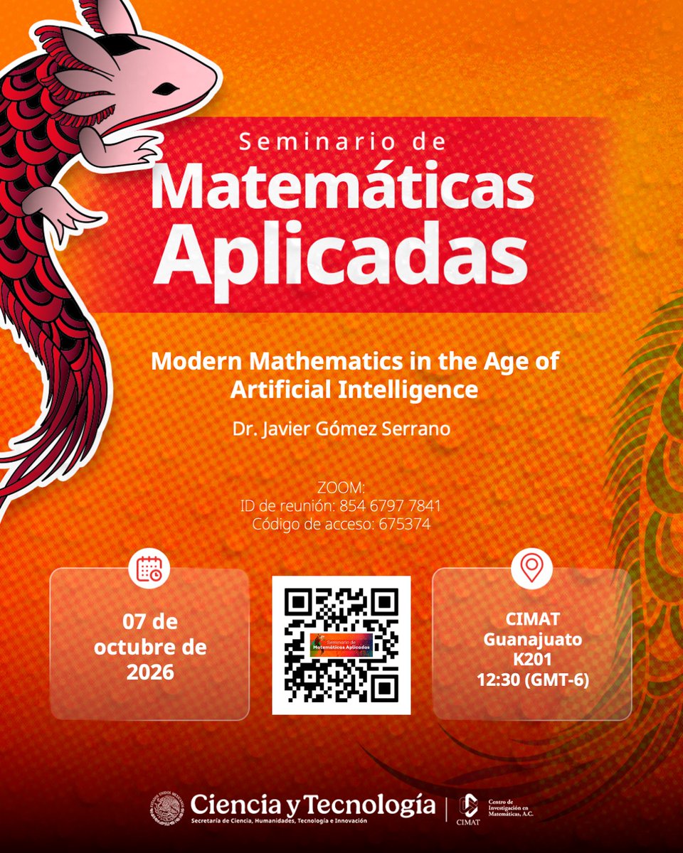 cimatoficial's tweet photo. ¡Te invitamos a la séptima sesión del Seminario de Matemáticas Aplicadas! 😉

Este miércoles  de septiembre, elDr. Javier Gómez Serrano impartirá la charla: "Modern Mathematics in the Age of Artificial Intelligence".

👉Enlace:
https://t.co/X0IdzTr0BL https://t.co/X4wEFATbCu