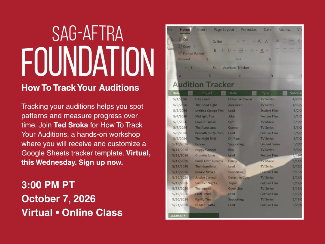 sagaftraFOUND's tweet photo. Get a Google Sheets audition tracker template and learn how to customize it to spot patterns and measure your progress with Ted Sroka. Virtual, Wed, Oct 7 at 3pm PT. Sign up: https://t.co/S6up9ZgCJw https://t.co/gFkqAIAmsD