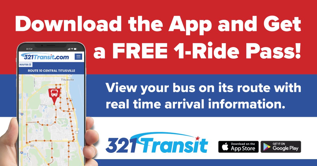 321Transit's tweet photo. Download the 321Transit app and get a FREE 1-Ride pass! Visit https://t.co/pNIB88AE7r to learn more and download the app and start riding with us today!

#SpaceCoastAreaTransit #321Transit #BrevardCounty
@BrevardCo_FL https://t.co/g3TeClh7hY