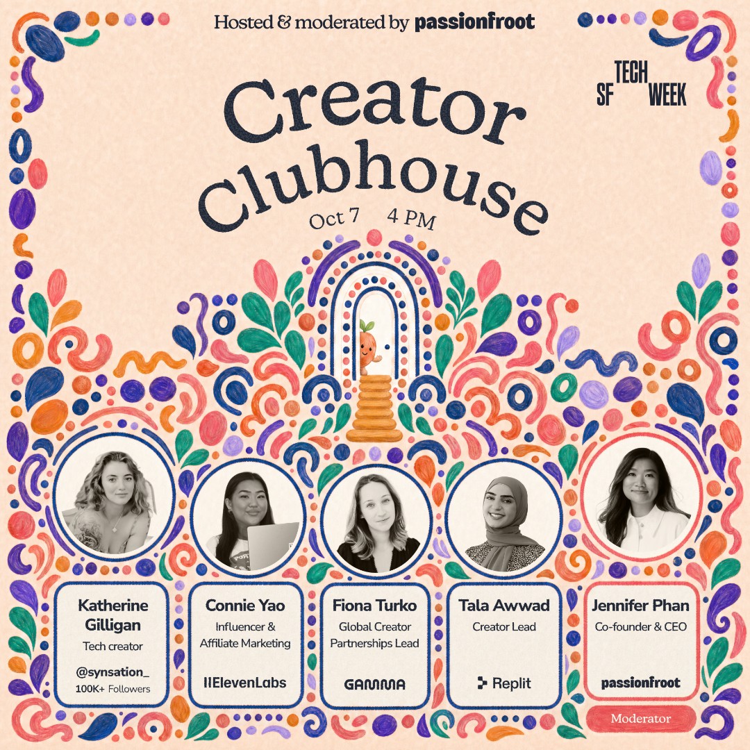 Join us tomorrow at #SFTechWeek with @​passionfrootme @​elevenlabs and @​gammaapp. We’re chatting the creator economy, how AI and tech have shifted creator x brand partnerships, and what true influence looks like. RSVP: 📷