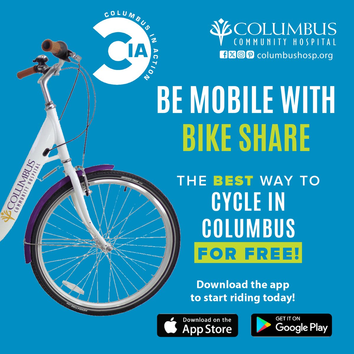 columbushosp's tweet photo. Columbus in Action's free Bike Share lets you ride easily! Download the On Bike Share app. Bikes available community-wide, including Columbus Community Hospital. Learn more: https://t.co/7VOnBxKquU #CCH #columbusne #bikeshare #getmoving #getactive https://t.co/Lfvc4K7W7v